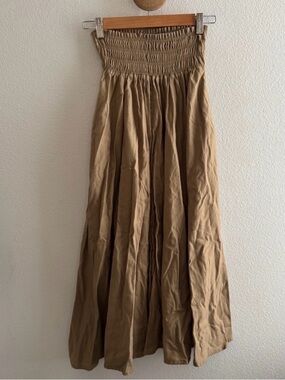 Smocked Waist Midi Skirt in Tan